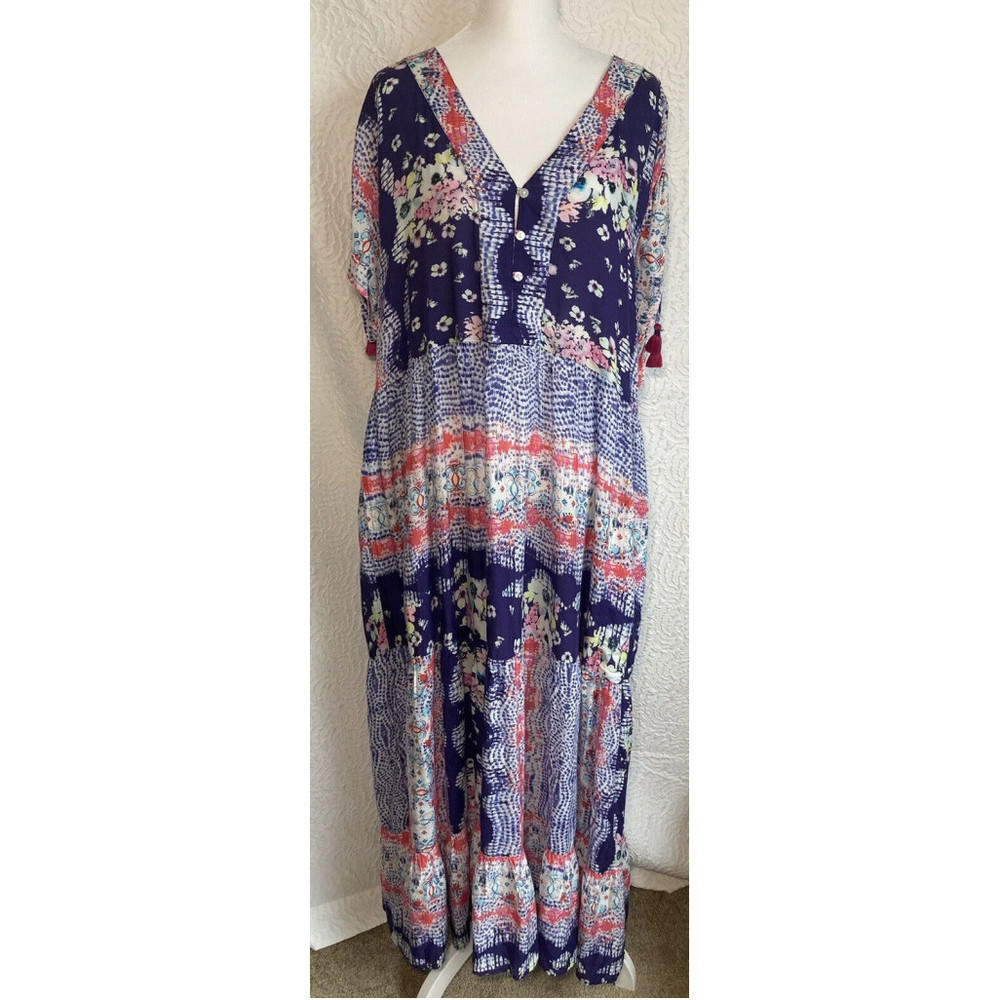 Lulasoul Shift Dress Blue Boho Pullover coverup V-Neck  Size XLarge